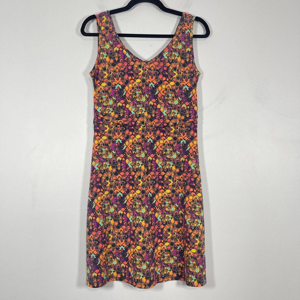 Title Nine Breeze Dress Wms Small Orange Geo Print Stretch Sleeveless Fit Flare